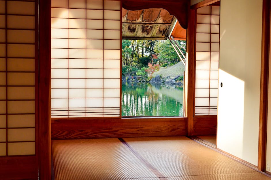 Japanese shoji room overlooking calm lake